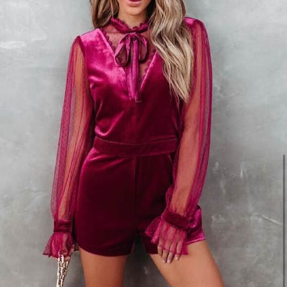 Endless Rose Pants - Endless Rose Women’s Medium Burgundy Velvet and Sheer Lace Romper